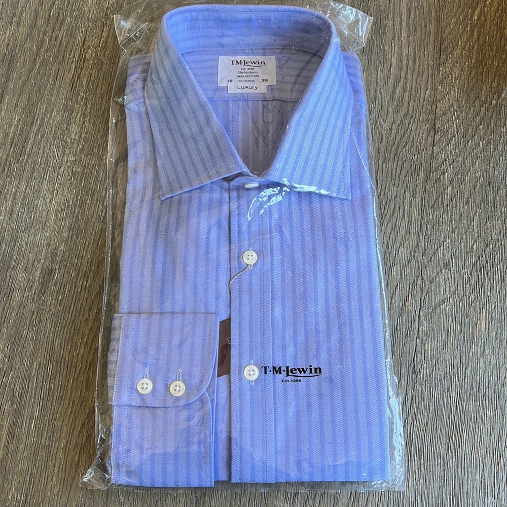 New in bag TM Lewin blue stripe 100% cotton luxury shirt size 18/36